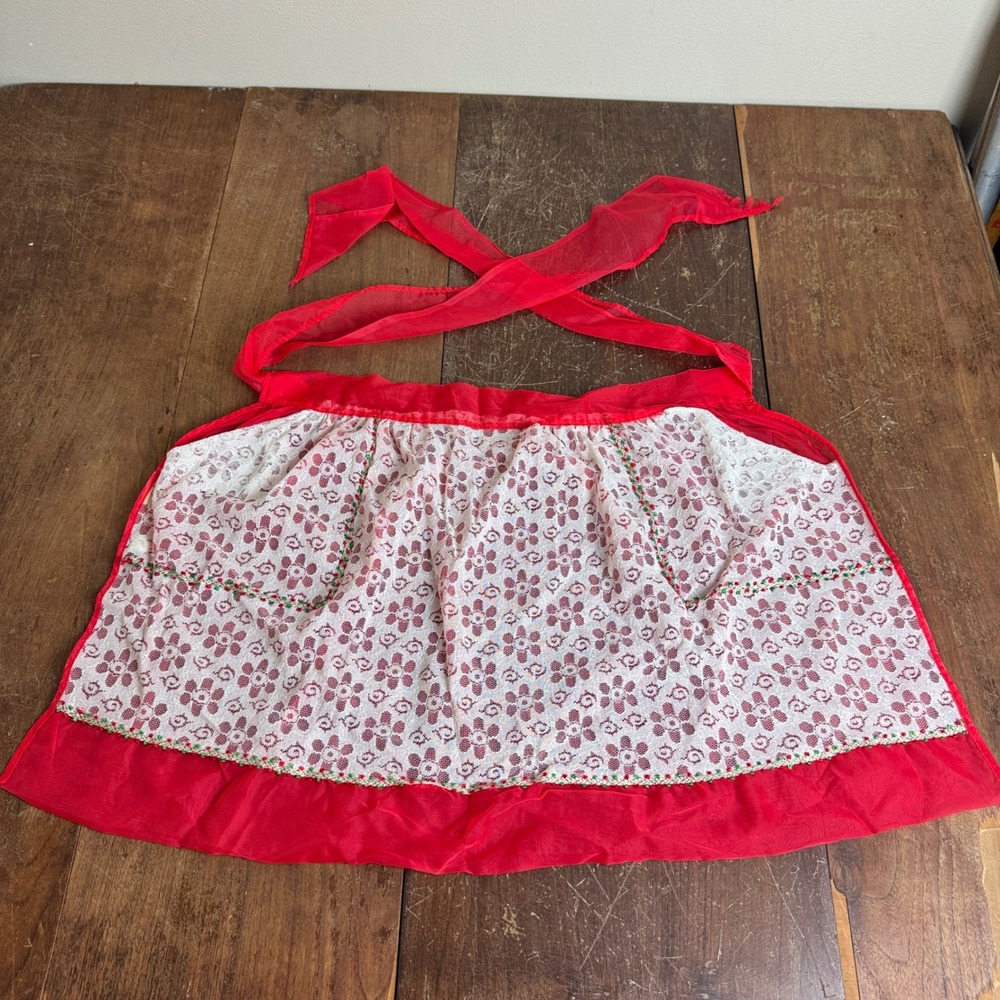 Vintage Sheer Red White Floral Lace Half Apron Kitchen House‎ Chores